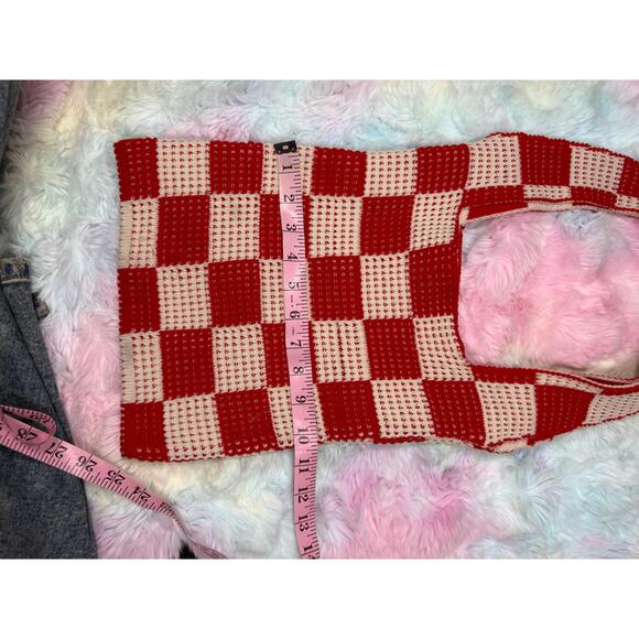 Handmade Crochet Checkerboard Tote Bag Red White Picnic Style - Picture 5 of 15